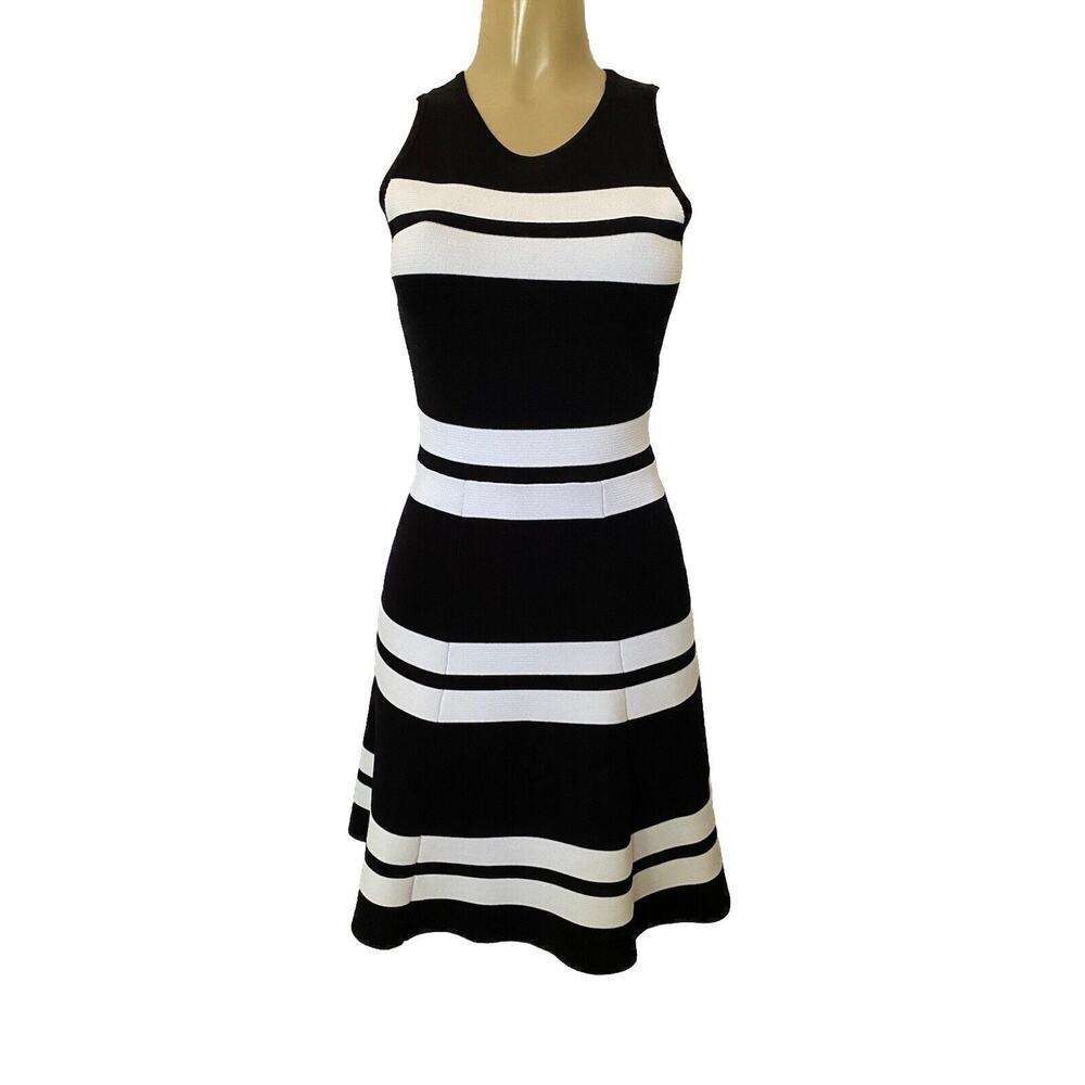 A.L.C. Dress Black Sleeveless Striped Fit Flare Stretch Knit White Skate…
